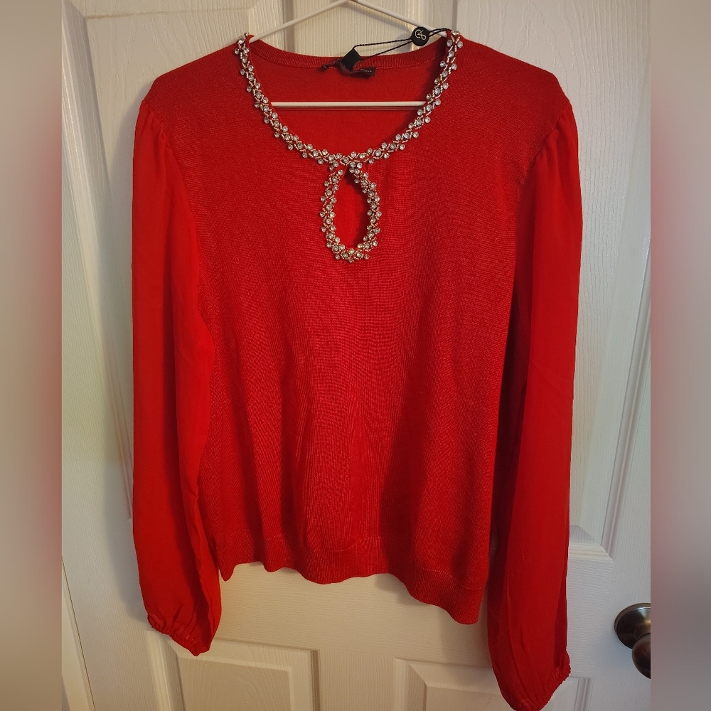 NWT Adrianna Papell Long mesh sleeve red shirt with embellishments on neck
